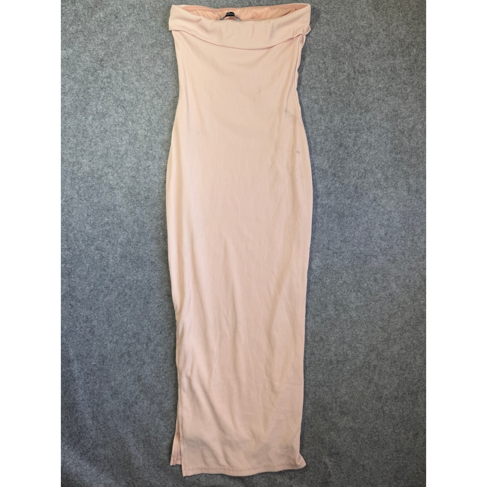 PrettyGarden Womens Ribbed Tube Dress XS Pink Bodycon Side Slit Midi Strapless